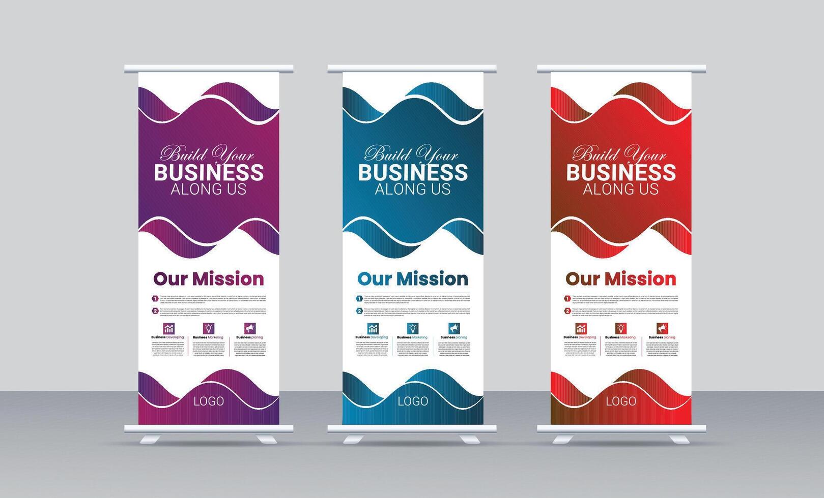 professional marketing company rollup banner design set template with three color variations. vector