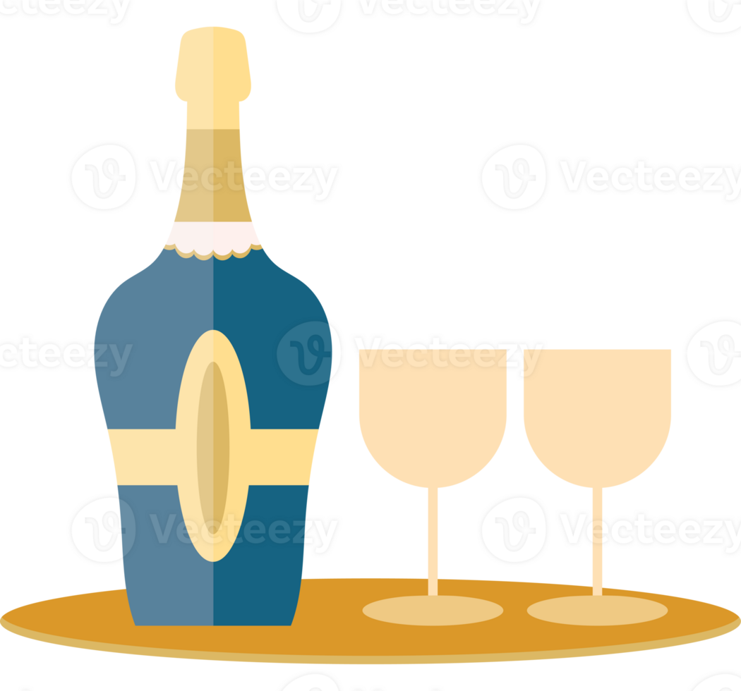 A bottle of champagne and two glasses on a tray png