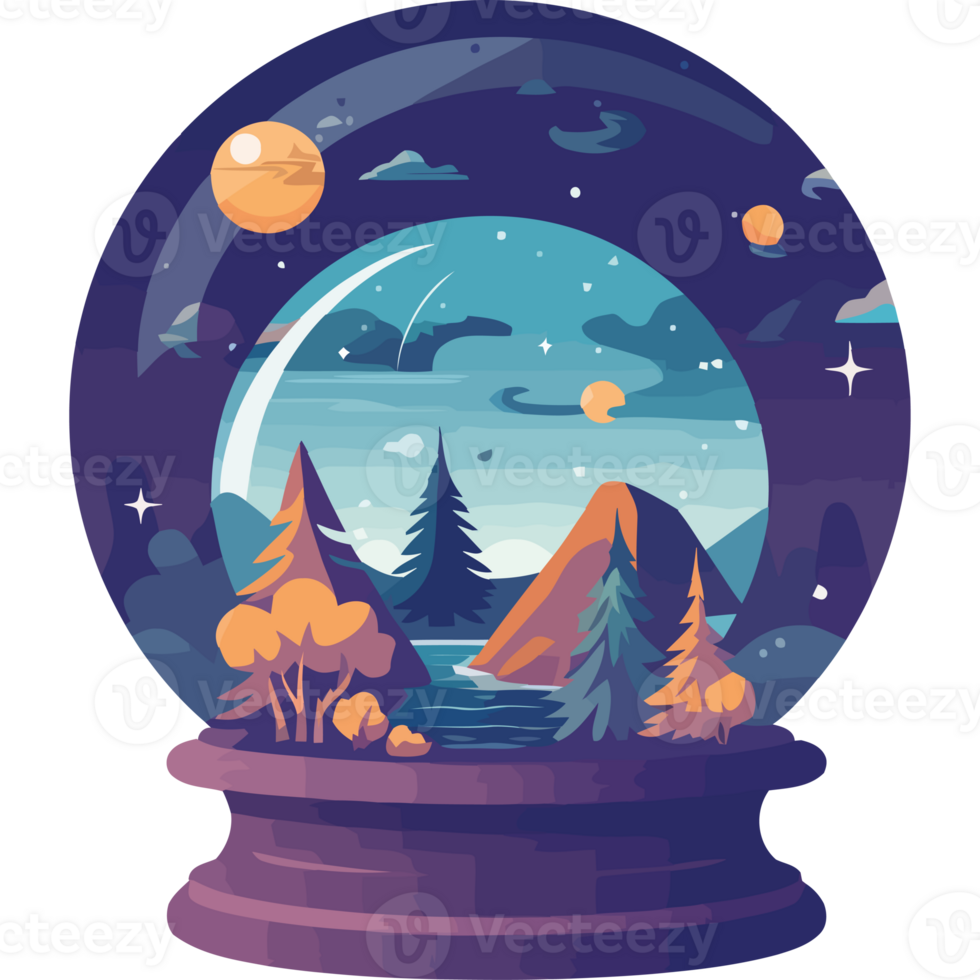 An illustration of a snow globe with trees and mountains png