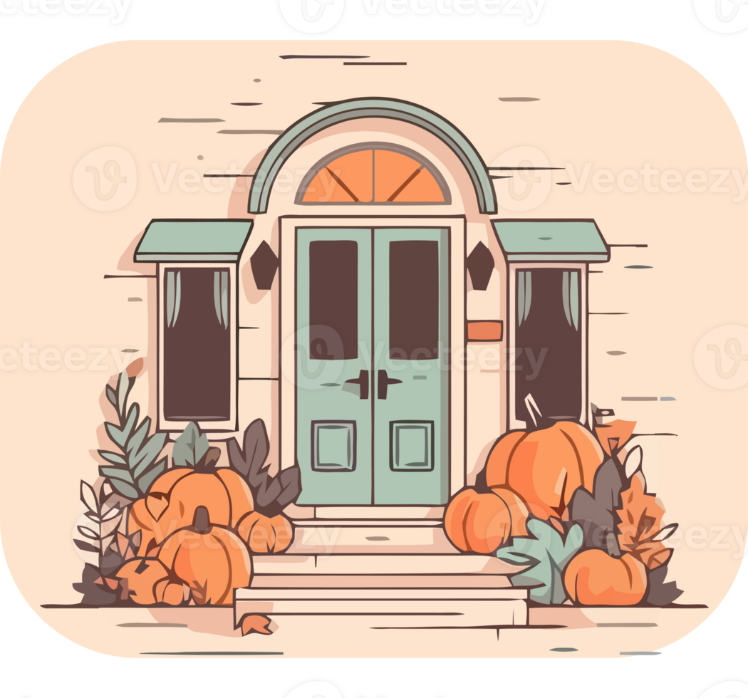 A cartoon house with pumpkins and a door png
