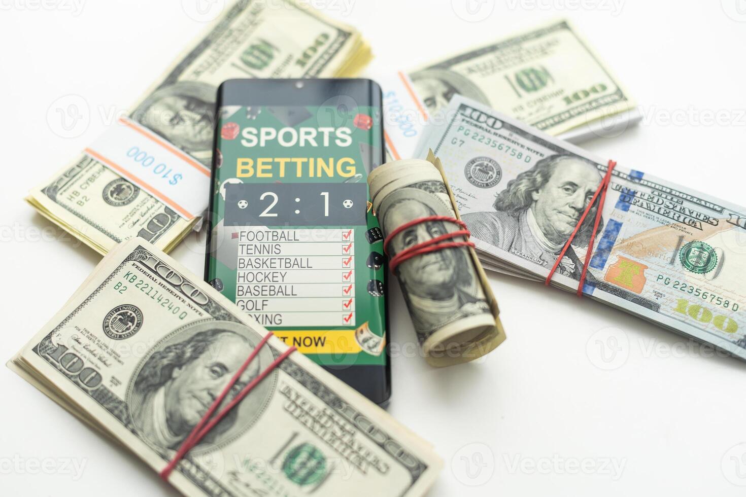 tablet pc with app for sport bets, on top of stacks of banknotes, white background, concept of online bets 3d render photo