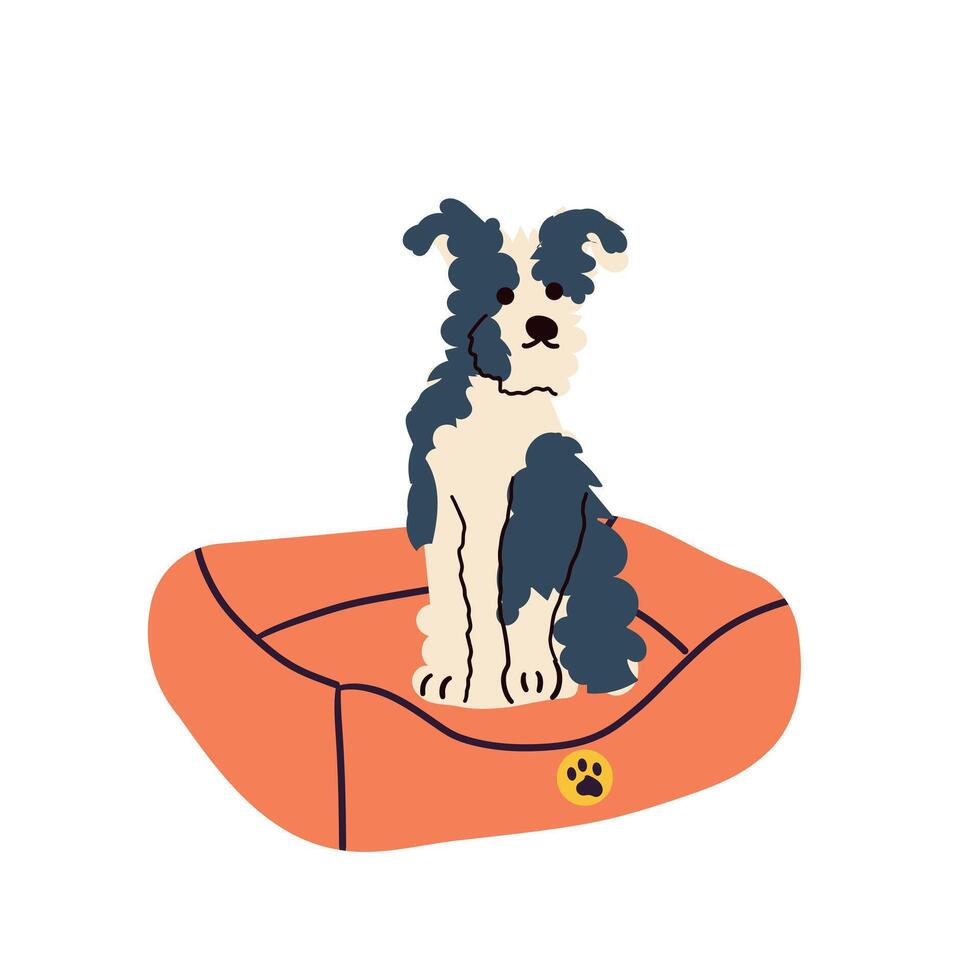 Illustration with dog, animal, pets, domestic animals, dog on his bed. illustration in flat style isolate on white background. vector