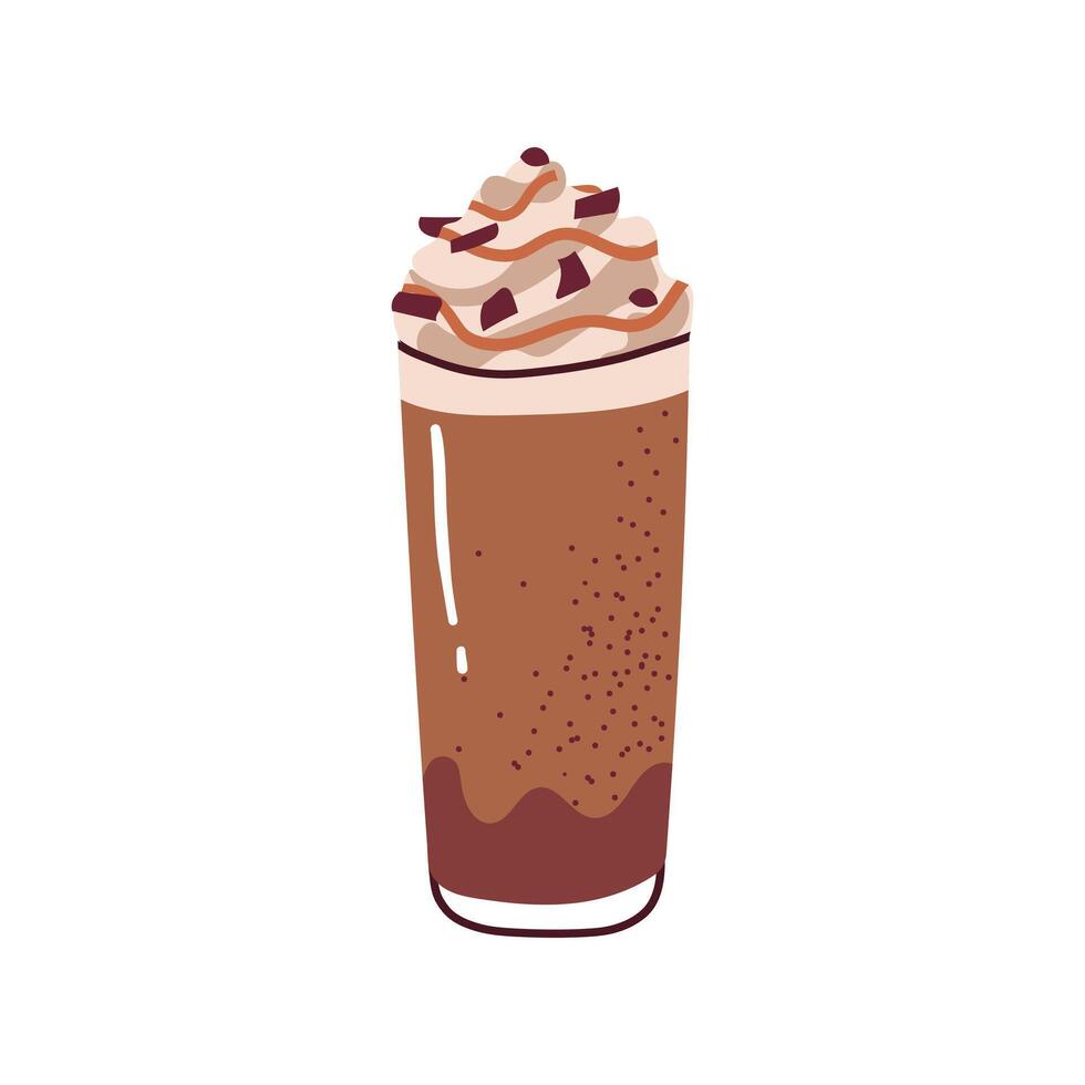 Chocolate Hot or cold coffee beverage with cute doodle decoration. Espresso, americano cup, cappuccino and latte in glasses. illustration hand drawn style. vector