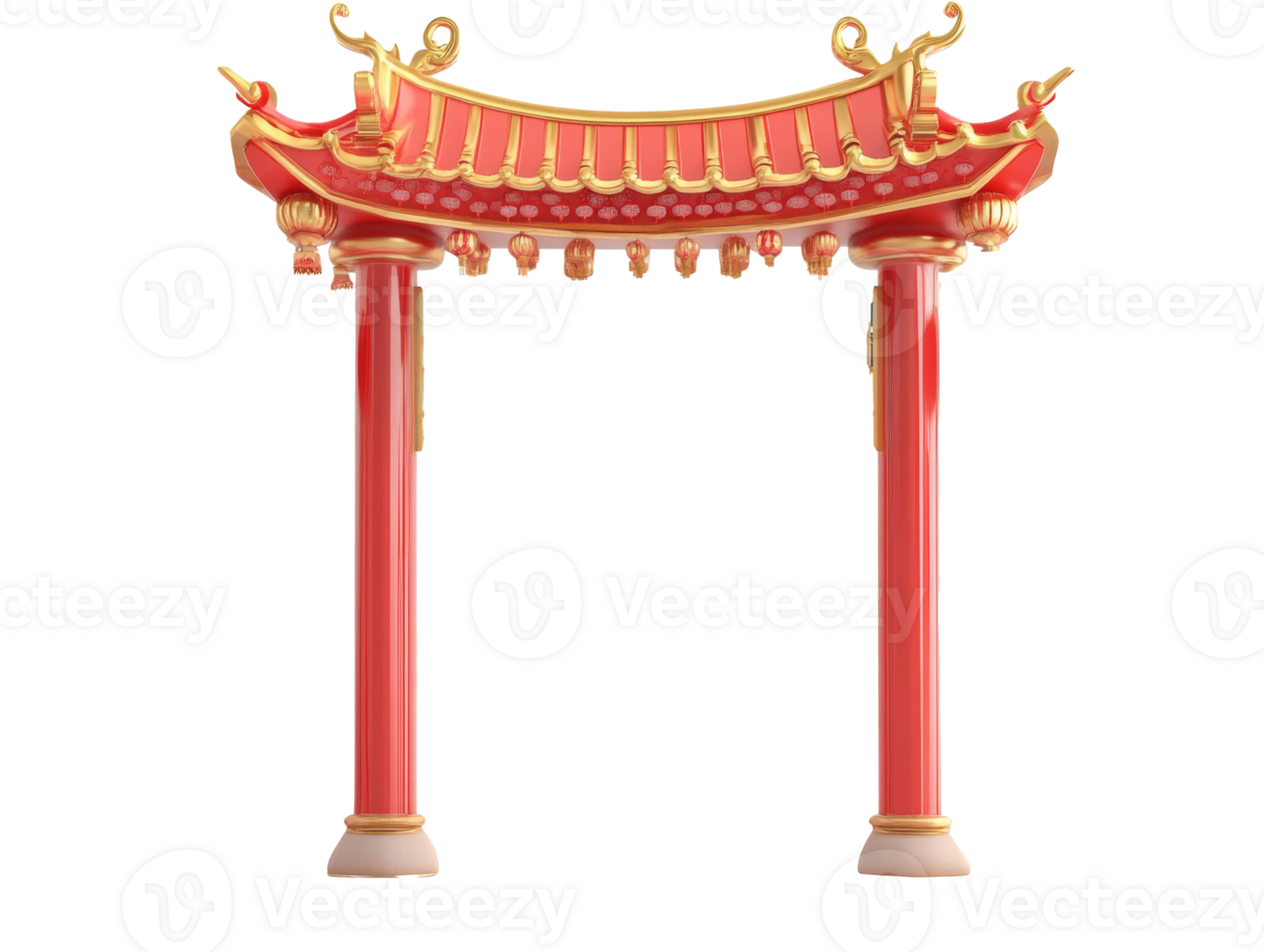 Vibrant traditional Chinese archway with red pillars and ornate roof, transparent png