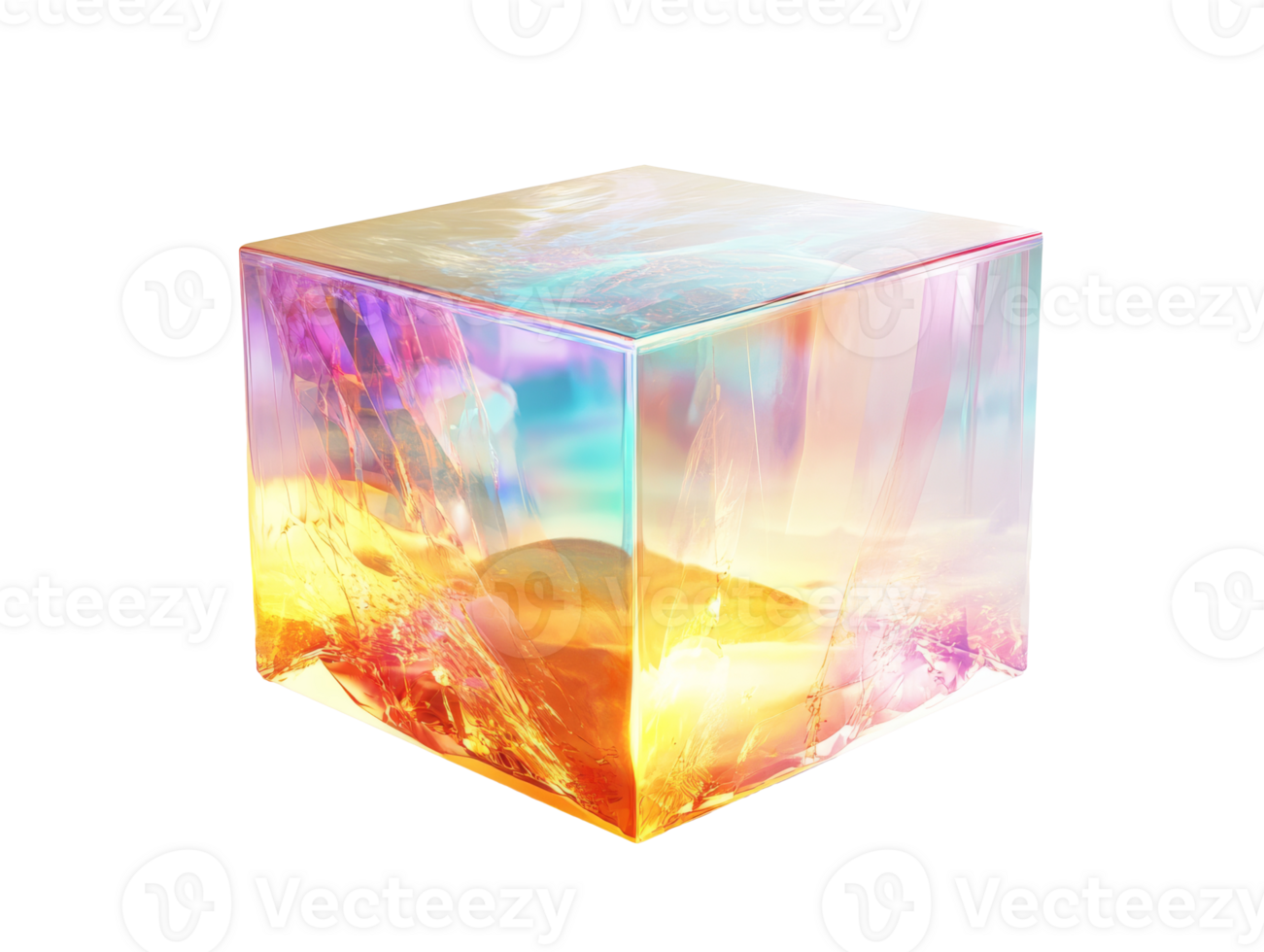Colorful translucent cube resting on a plain background, transparent png