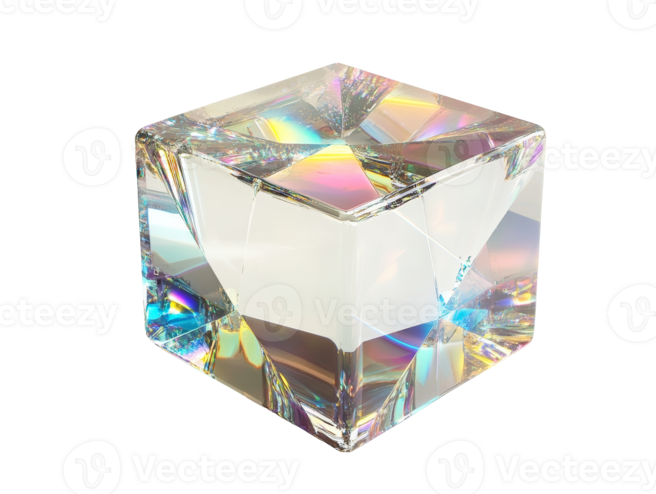 Beautiful crystal cube reflecting light with vibrant colors, transparent png