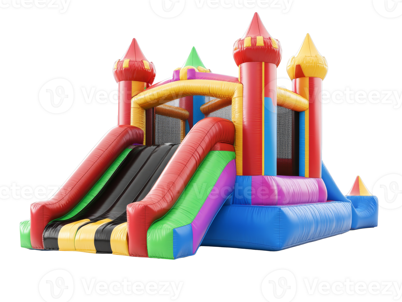 Colorful inflatable bounce house with slides for outdoor fun, transparent png
