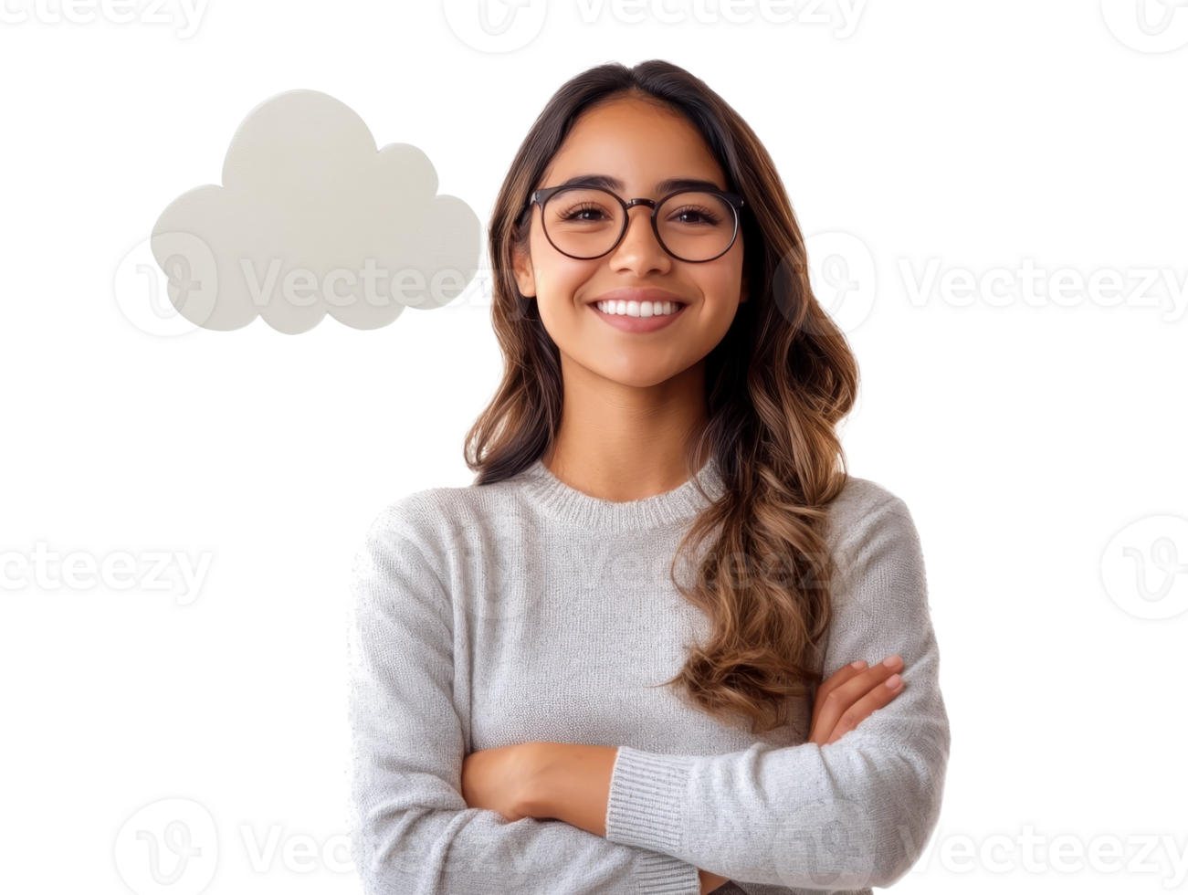 Young woman smiling confidently with crossed arms and cloud background, transparent png