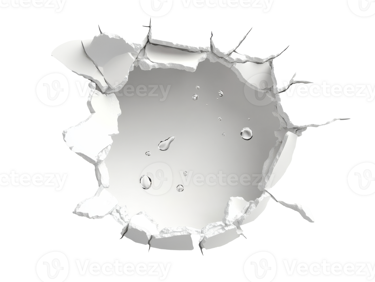 Water droplets falling through a large crack in a wall indoors, transparent png