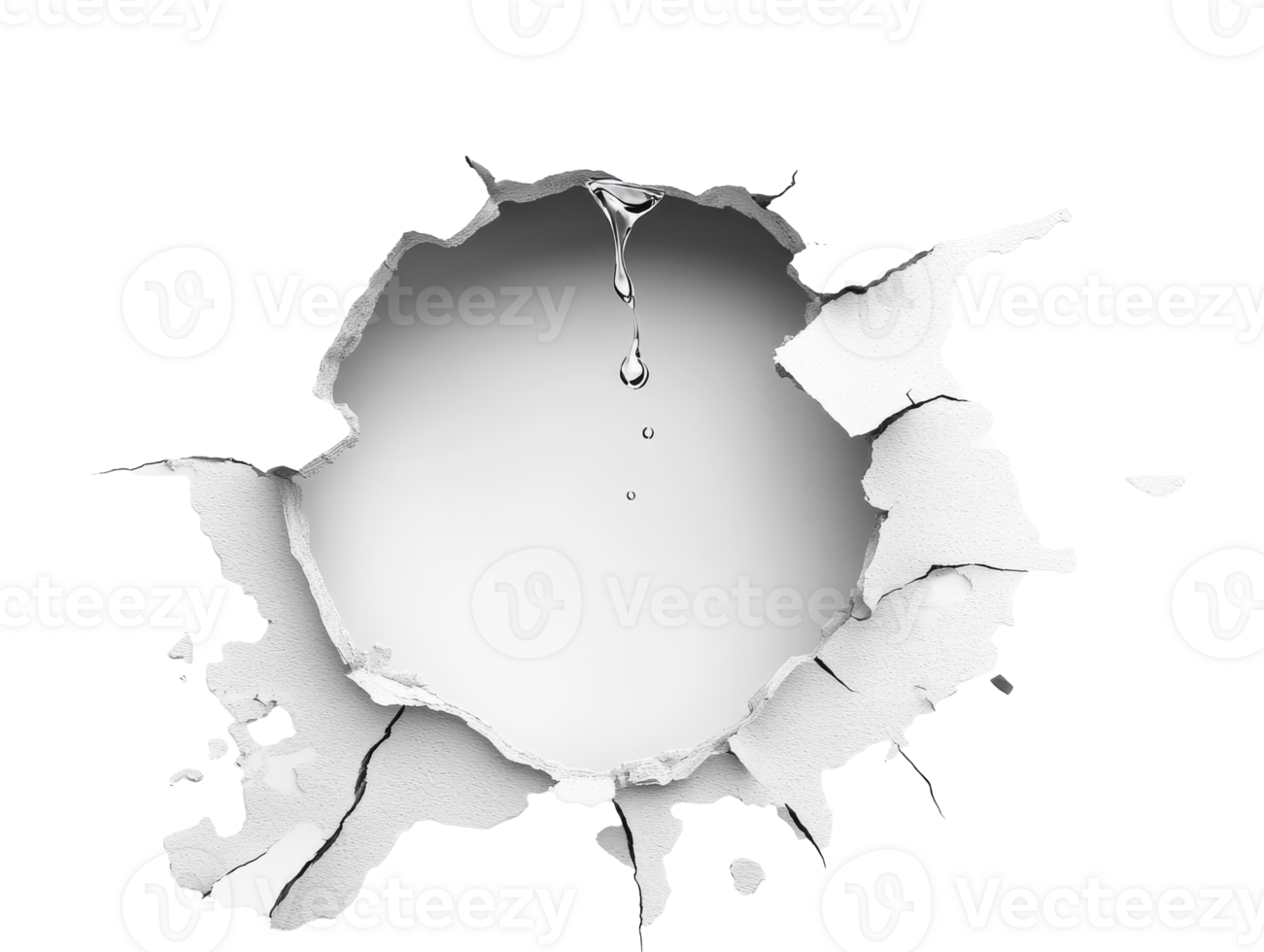 Water droplet falling through cracked wall in abstract art display, transparent png