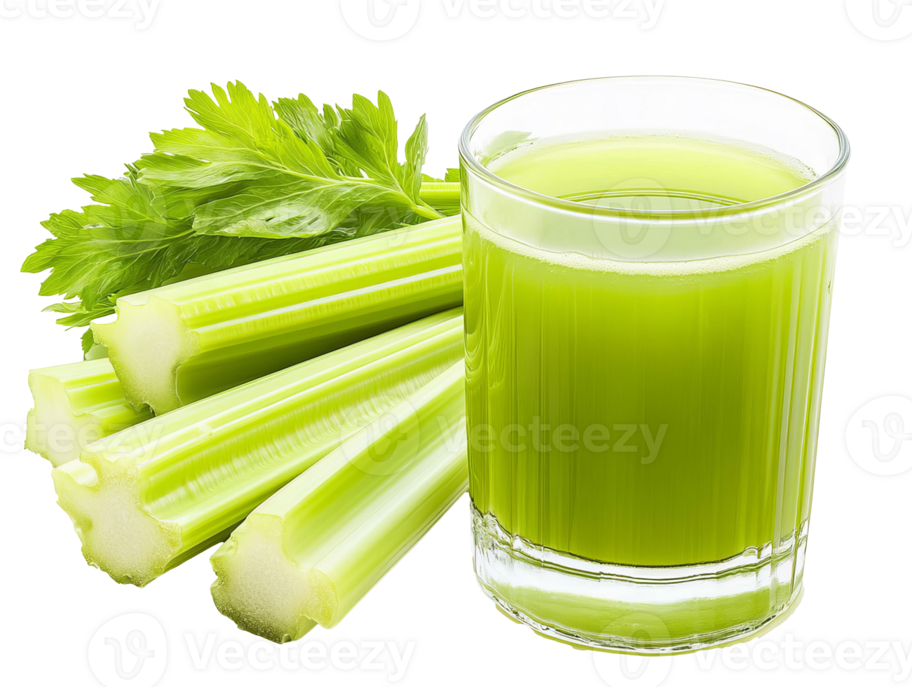Freshly made celery juice served with vibrant celery stalks, transparent png
