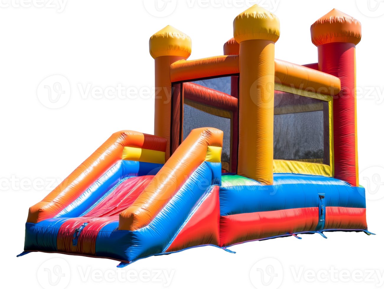 Colorful inflatable bounce house with slide for outdoor fun, transparent png
