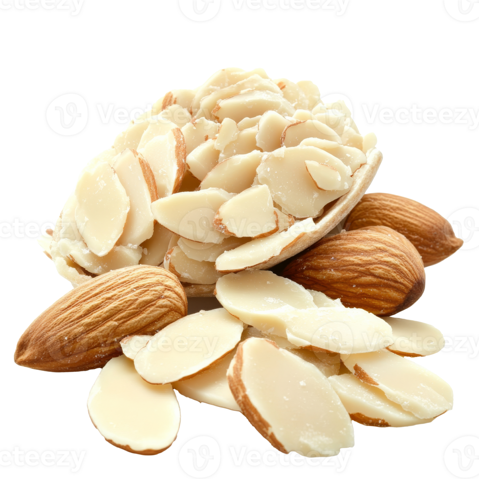 Freshly sliced almonds and whole nuts on a white background, transparent png