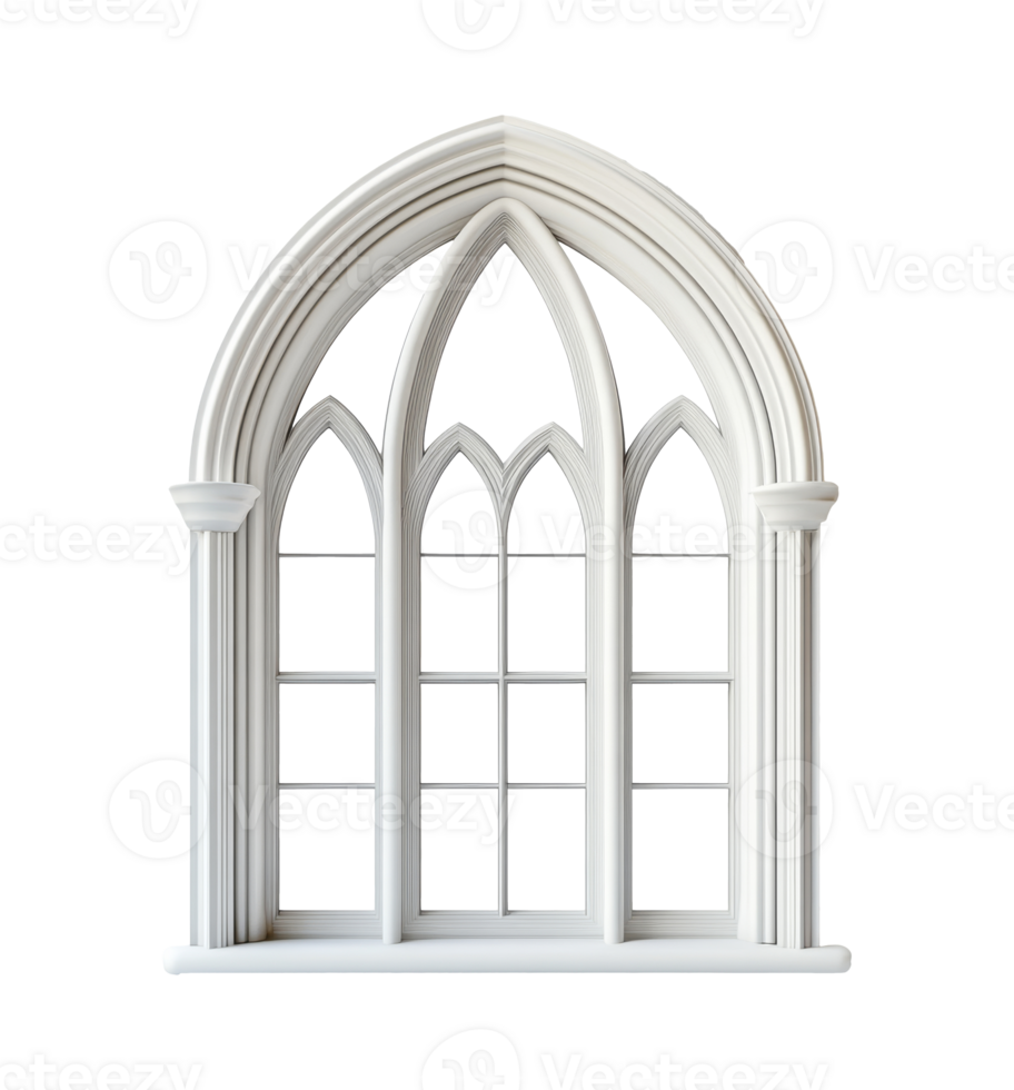 Elegant white gothic window design showcasing intricate arch details, transparent png