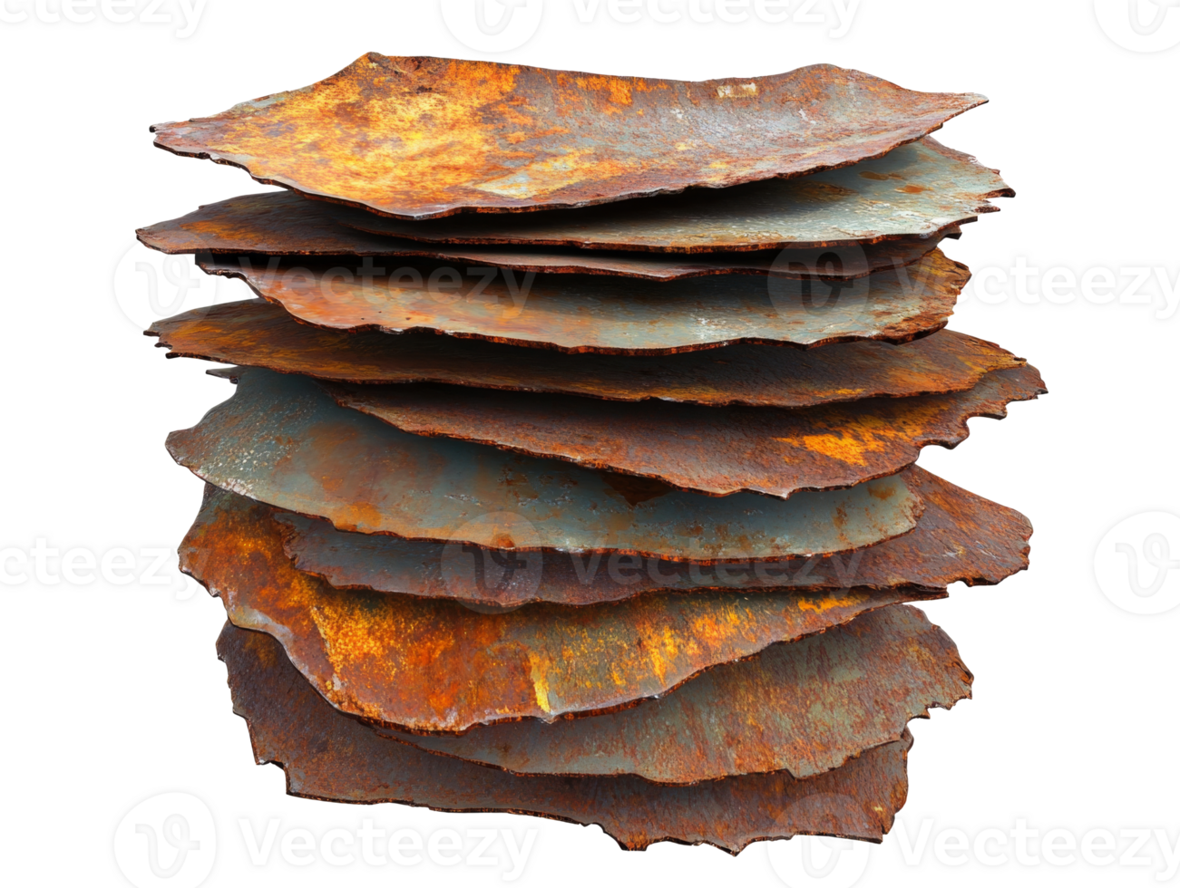 Rusty metal plates stacked in a workshop environment during daylight, transparent png