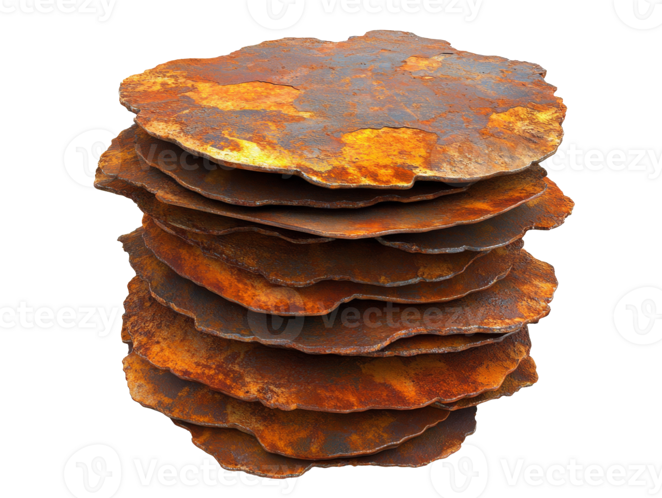 Rusty metal sheets stacked in an artistic arrangement outdoors, transparent png