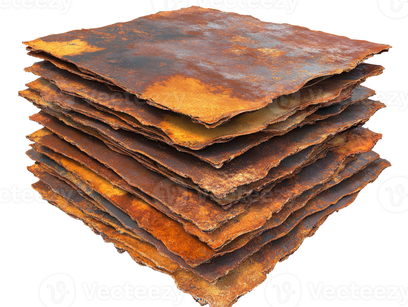 Stacked rusty metal sheets with weathered texture, transparent png