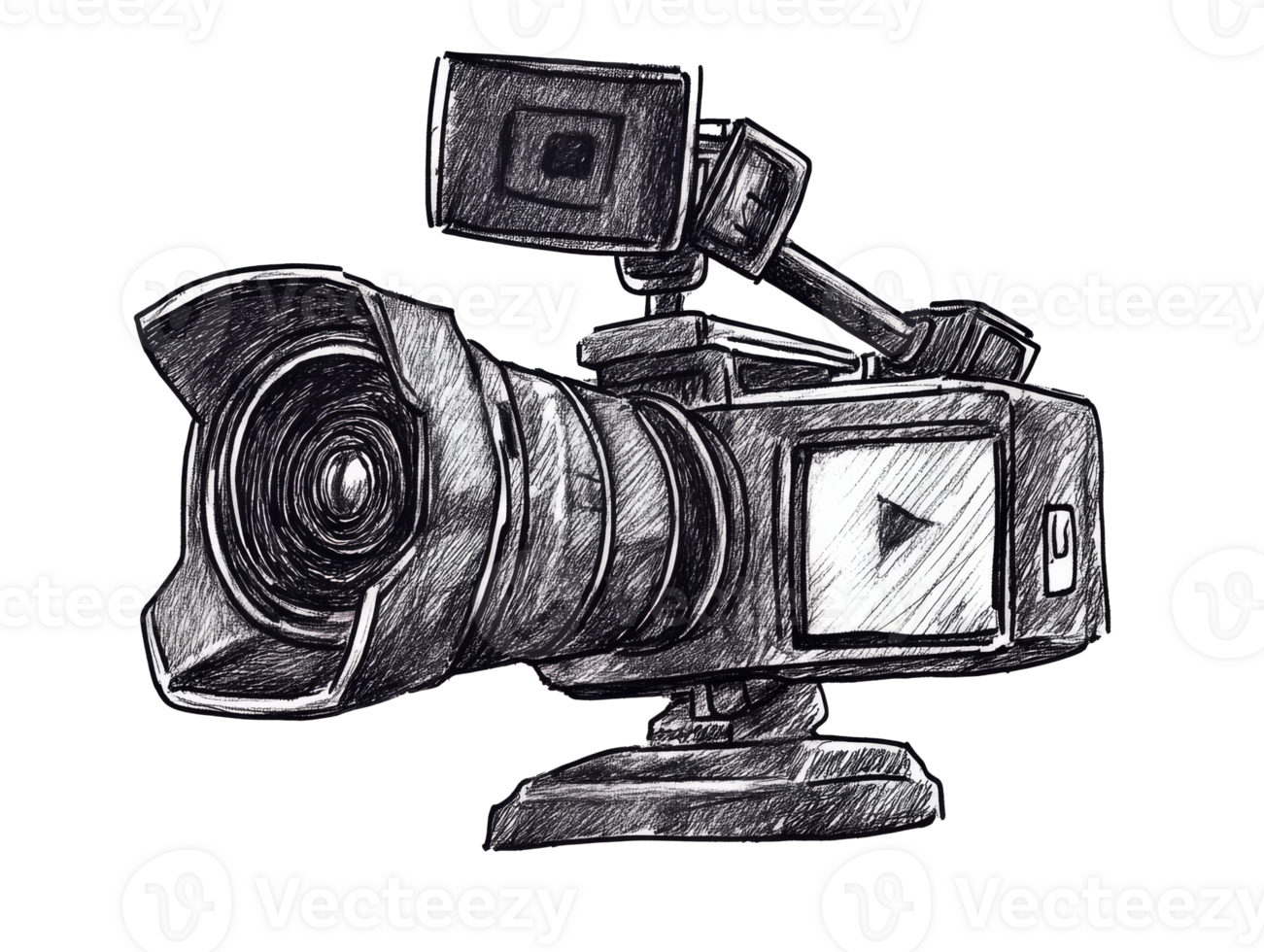Detailed sketch of a professional camera capturing moments creatively, transparent png