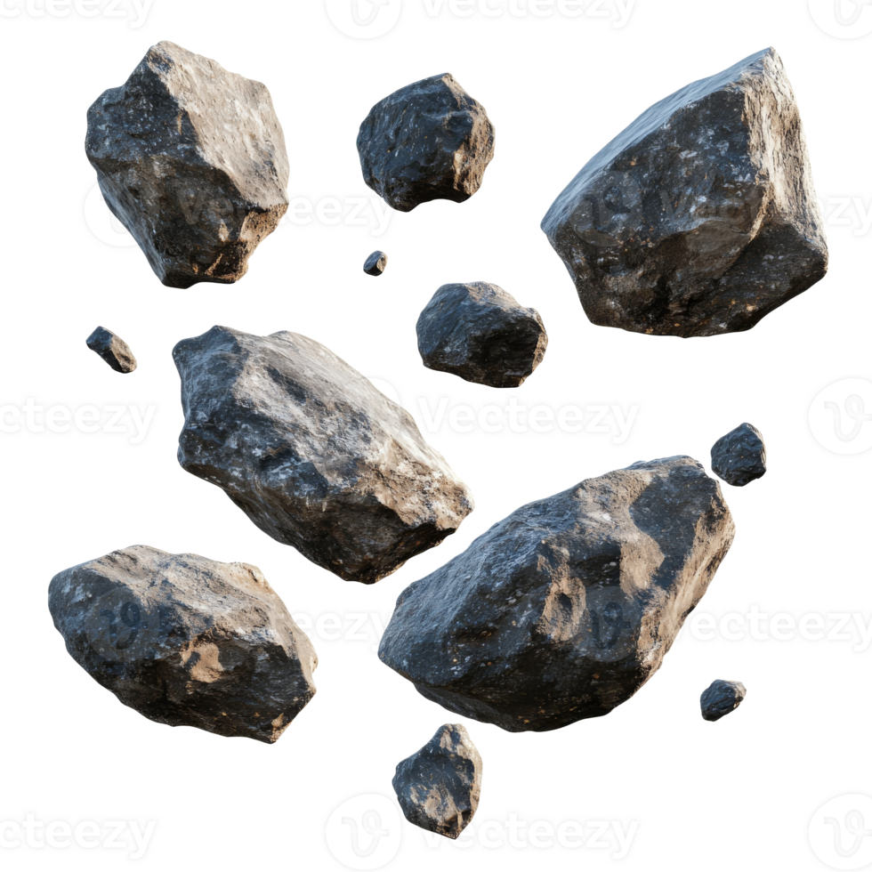 Collection of various sized rocks arranged on a white background, transparent png