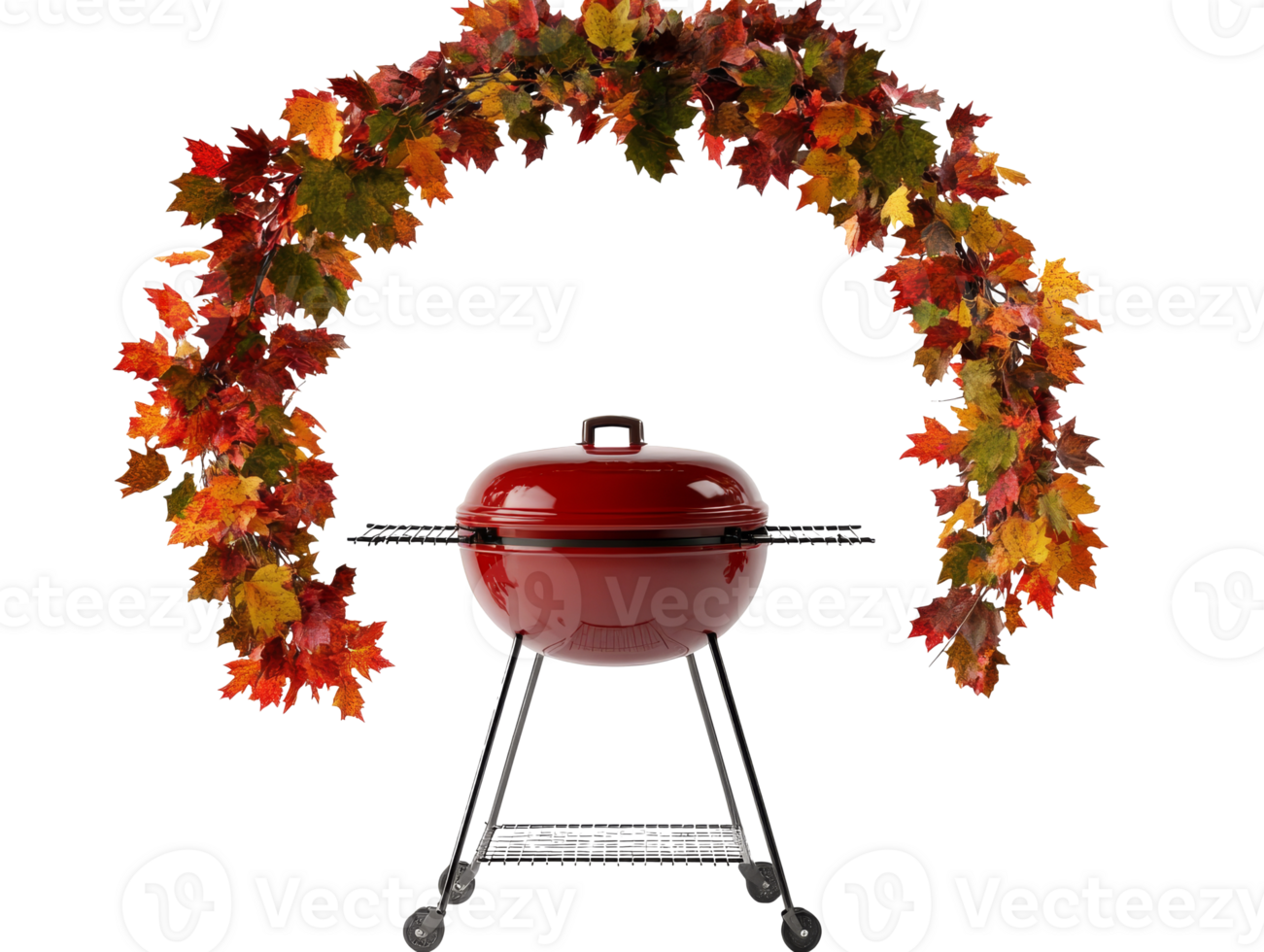 Red grill surrounded by colorful autumn leaves at a backyard setting, transparent png