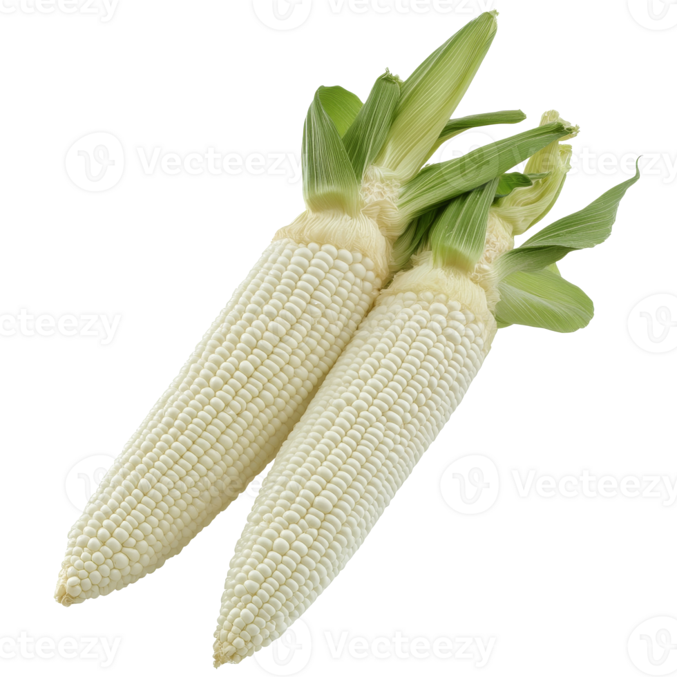 Fresh white corn cobs with husks displayed on a clean surface, transparent png