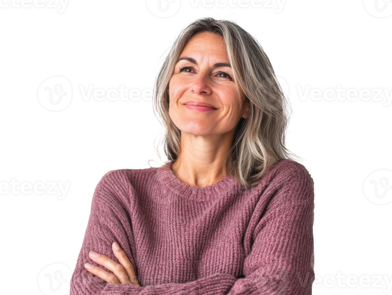 Smiling woman in cozy sweater with arms crossed, indoor setting, transparent png