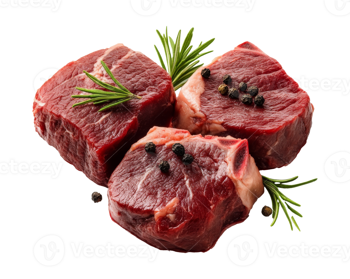 Fresh cuts of red meat with herbs and spices on a white background, transparent png