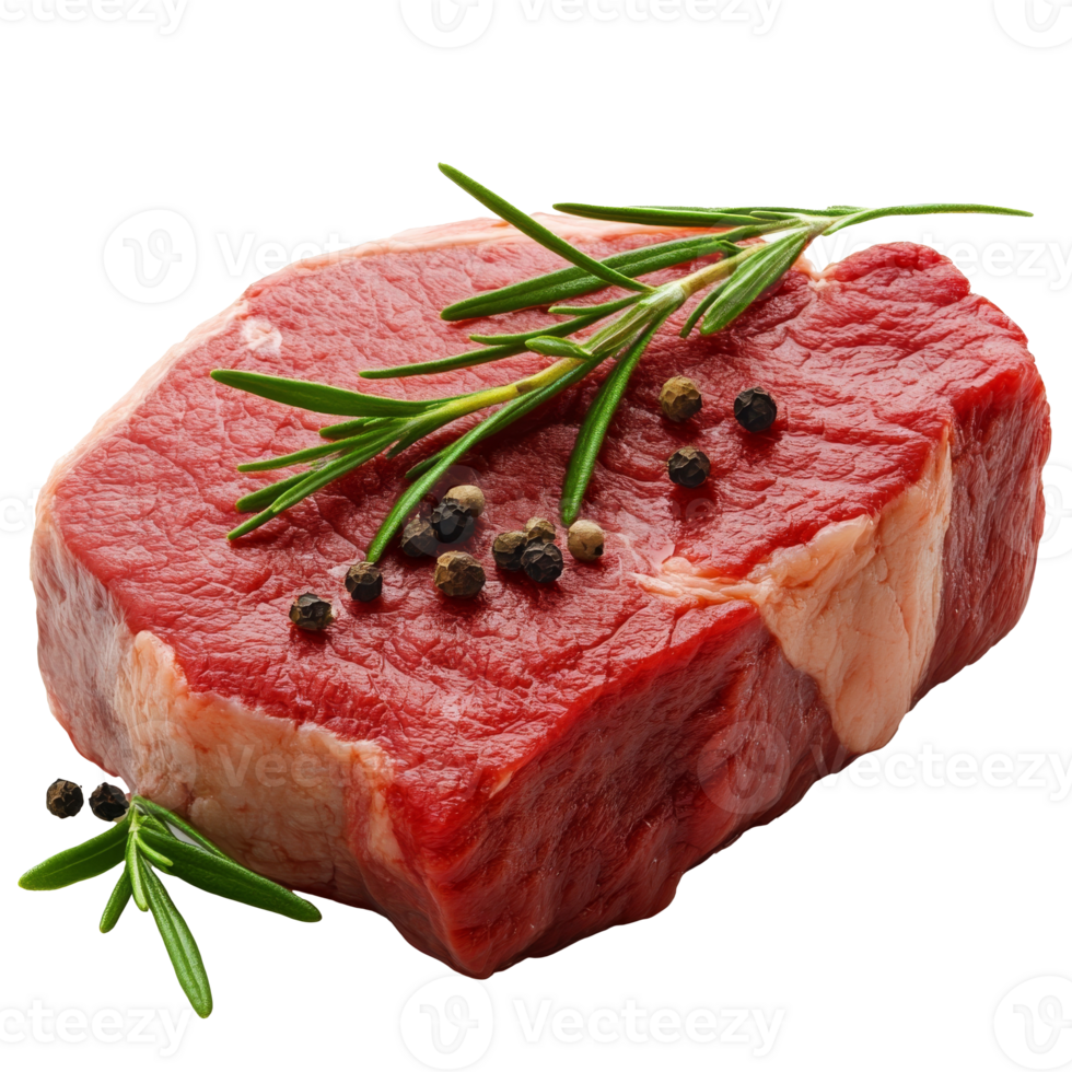 Fresh cut of beef steak garnished with pepper and herbs, transparent png