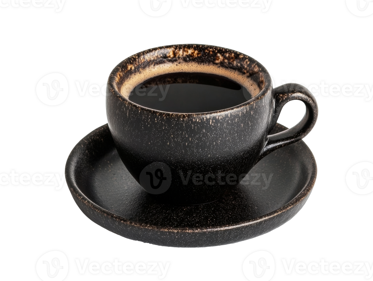 Black coffee served in a rustic cup and saucer at a cafe, transparent png