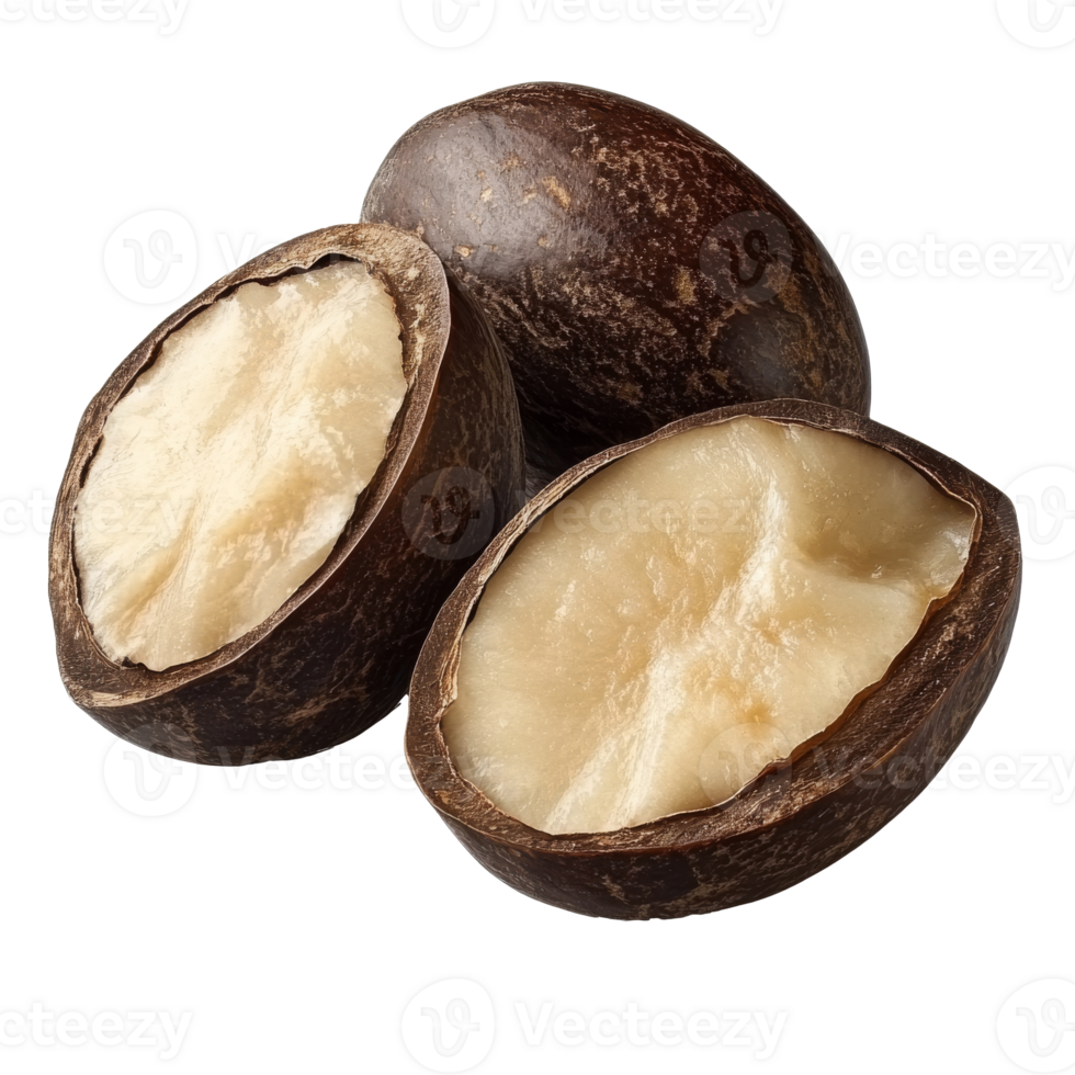 Freshly harvested fruits with a hard shell and creamy inner flesh, transparent png