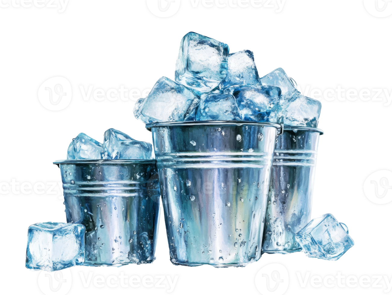 Buckets filled with ice cubes for summer drinks at a party, transparent png