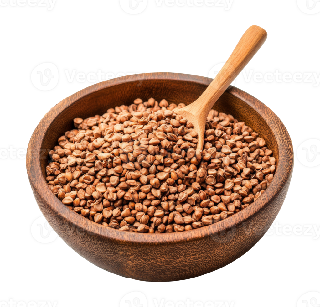 Organic buckwheat seeds in a wooden bowl with a scoop, transparent png