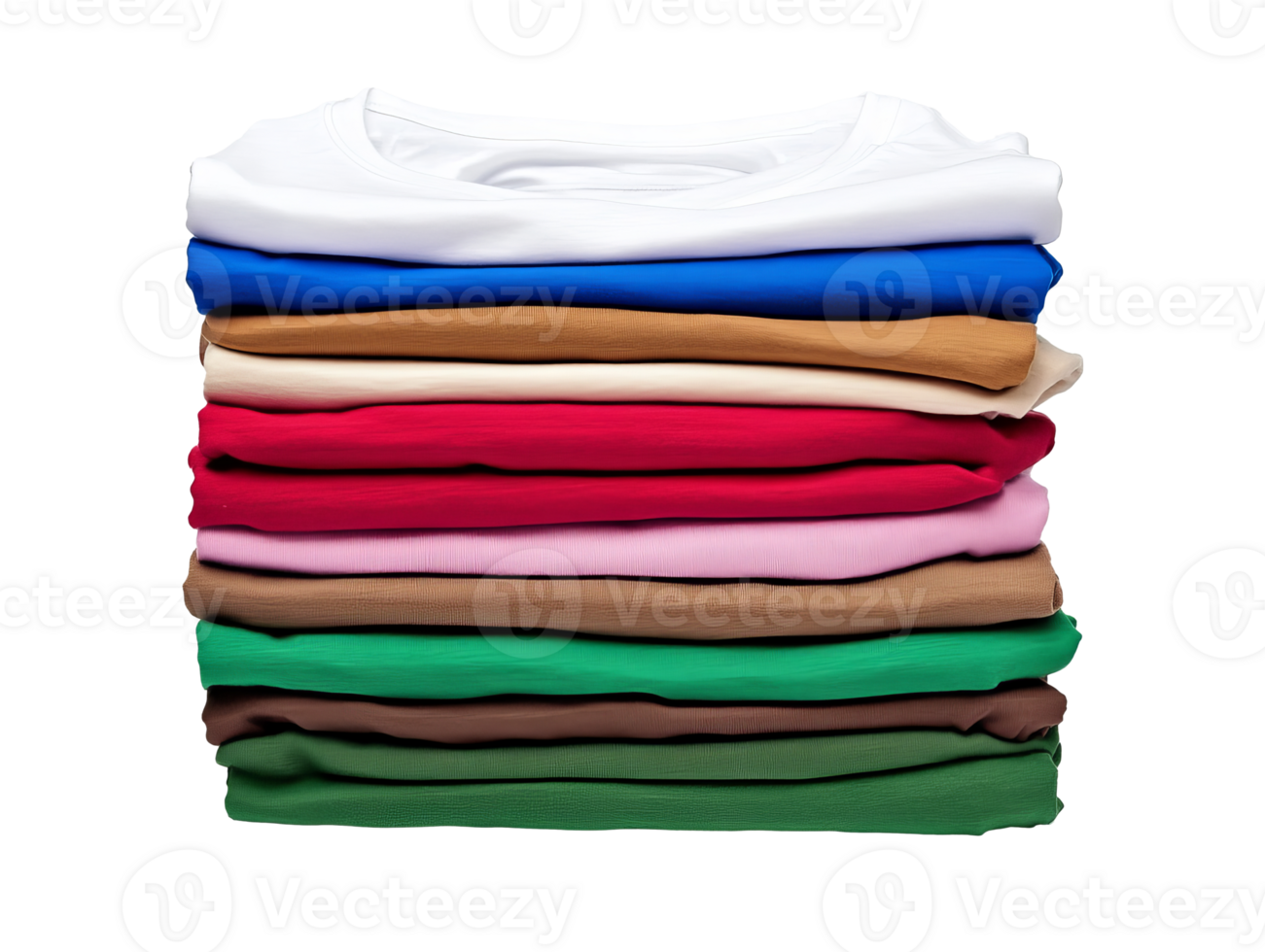 Stack of colorful folded shirts showcasing various shades and textures png