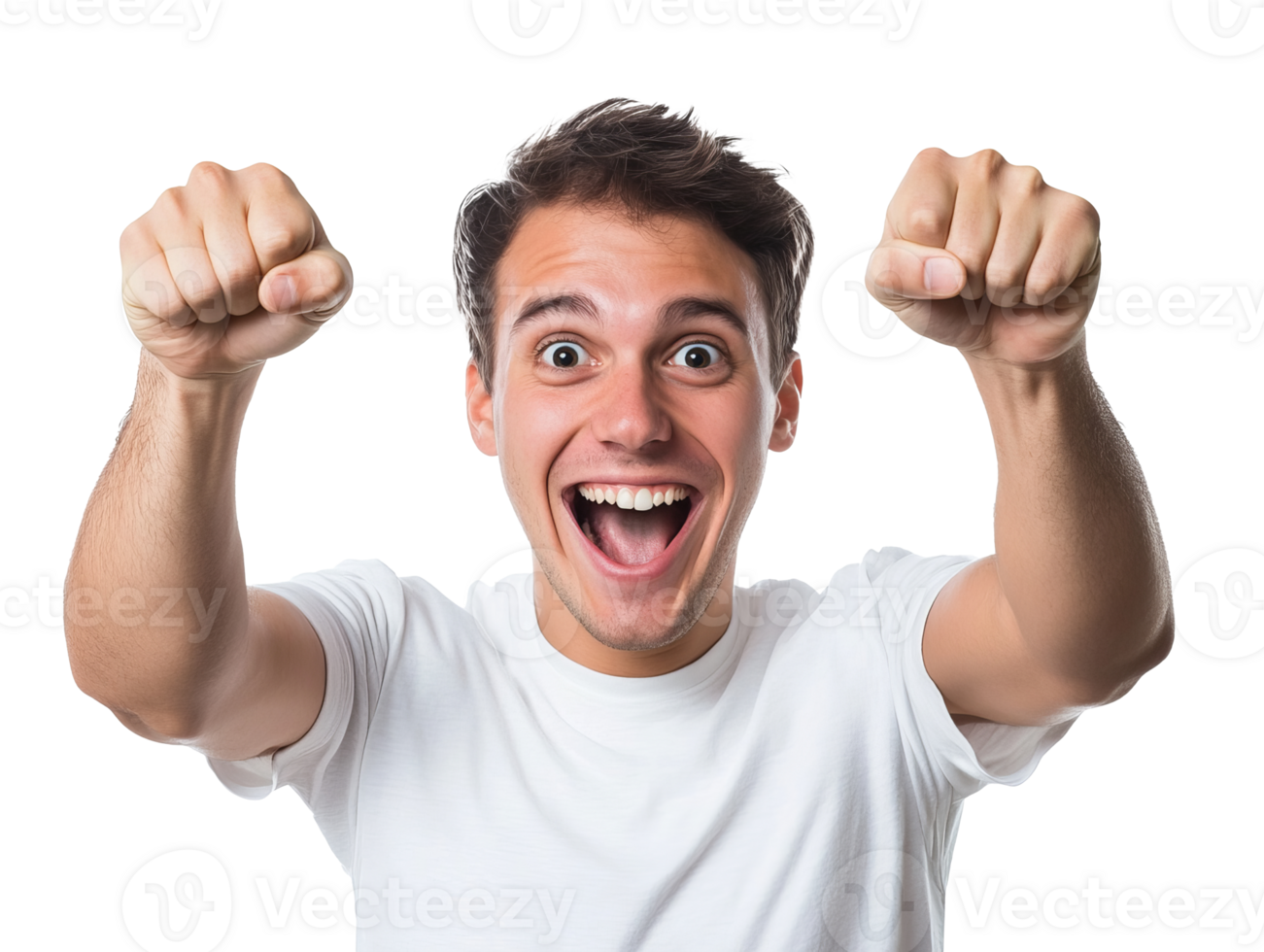 Young man celebrating with enthusiasm and joy at home, transparent png