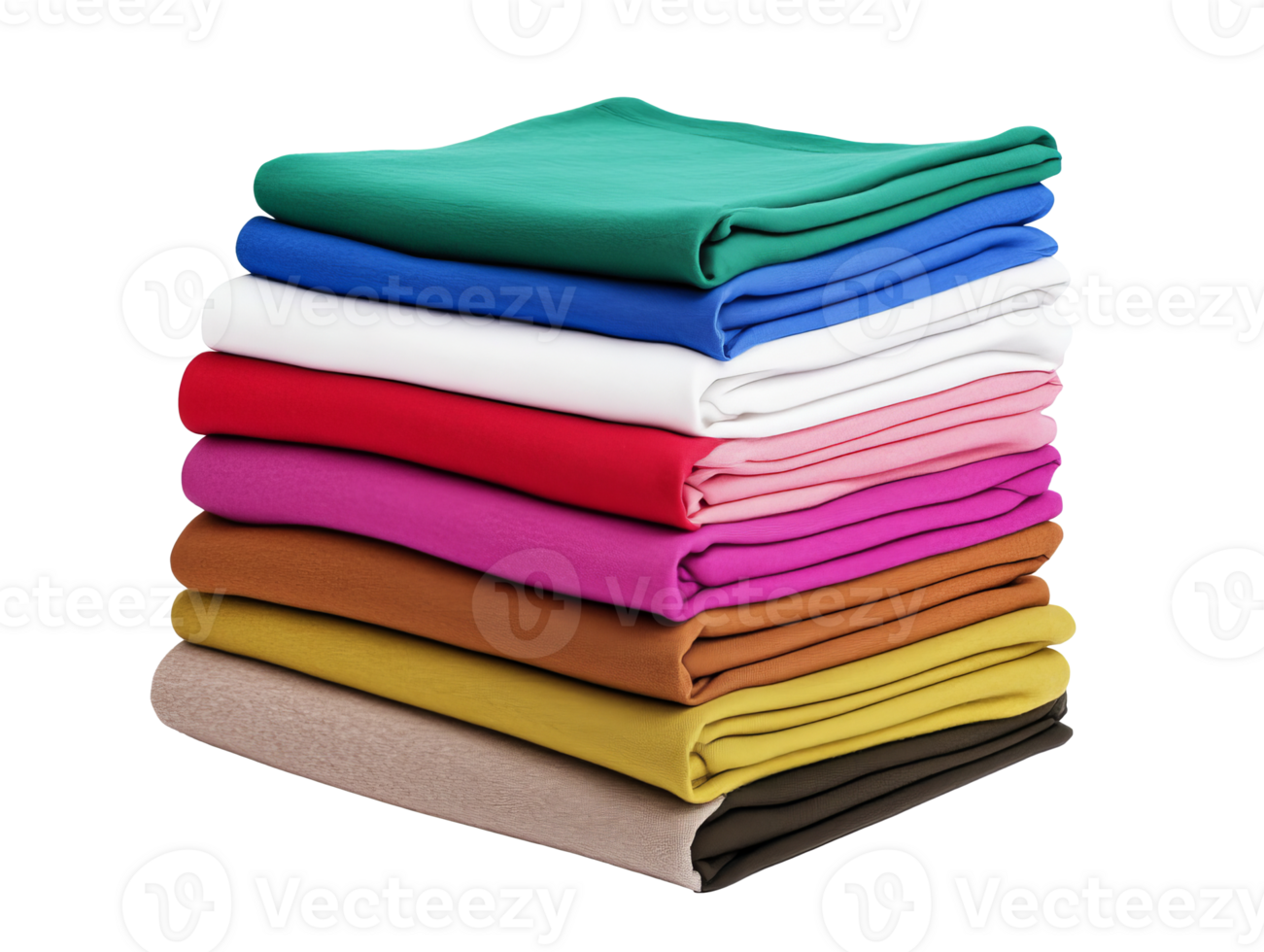 Colorful stack of fabric sheets displayed neatly on a white background, transparent png