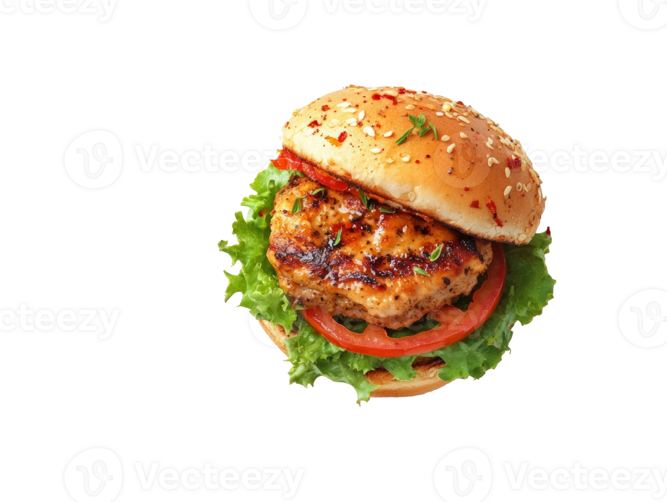 Grilled chicken burger with fresh vegetables on a soft bun, transparent png