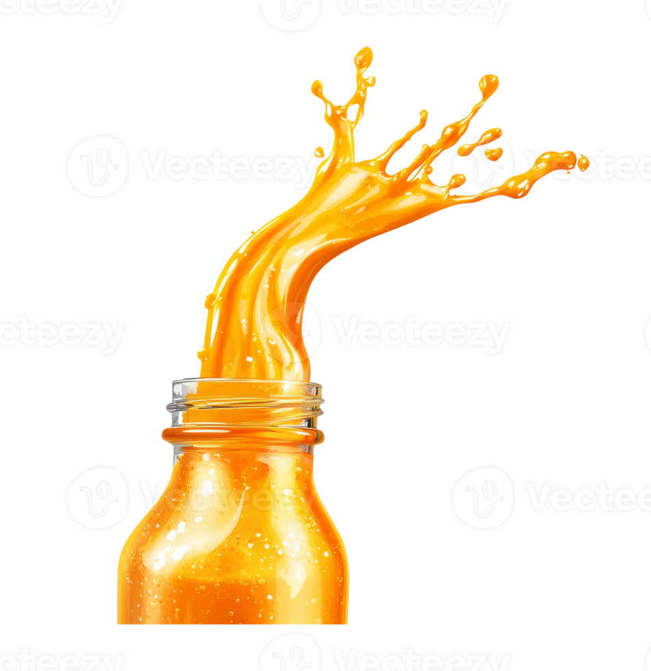 Bright orange juice splashing from a glass bottle, transparent png