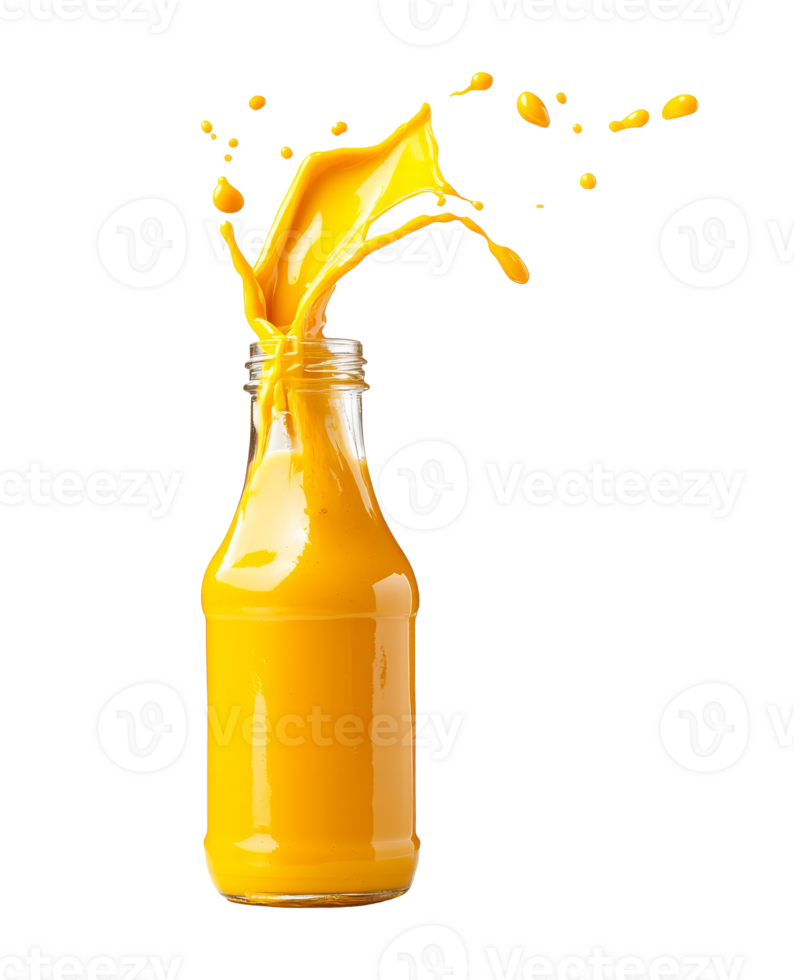 Splashing orange juice from a bottle in a bright setting, transparent png
