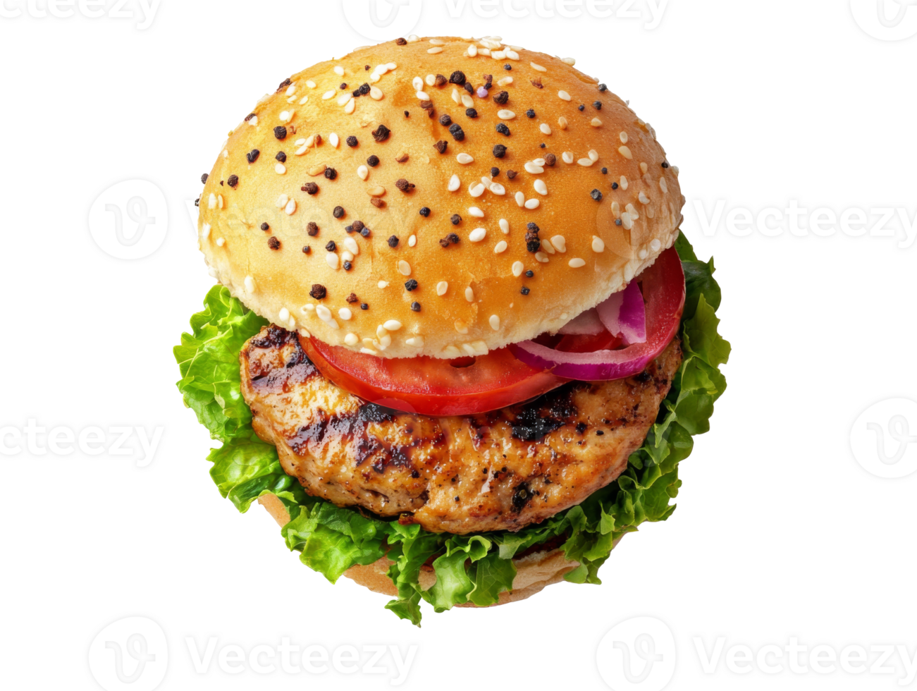 Delicious grilled chicken burger with fresh vegetables on a bun, transparent png