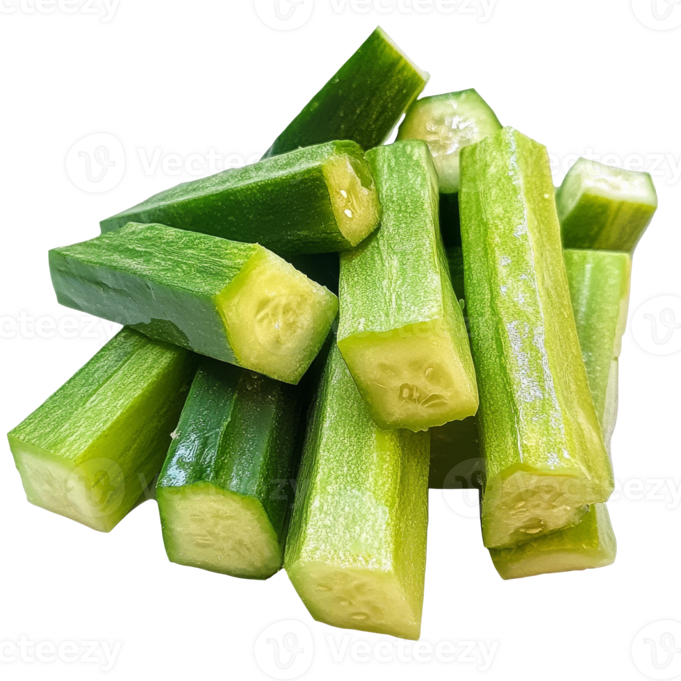 Fresh green cucumber slices stacked on a white surface, transparent png