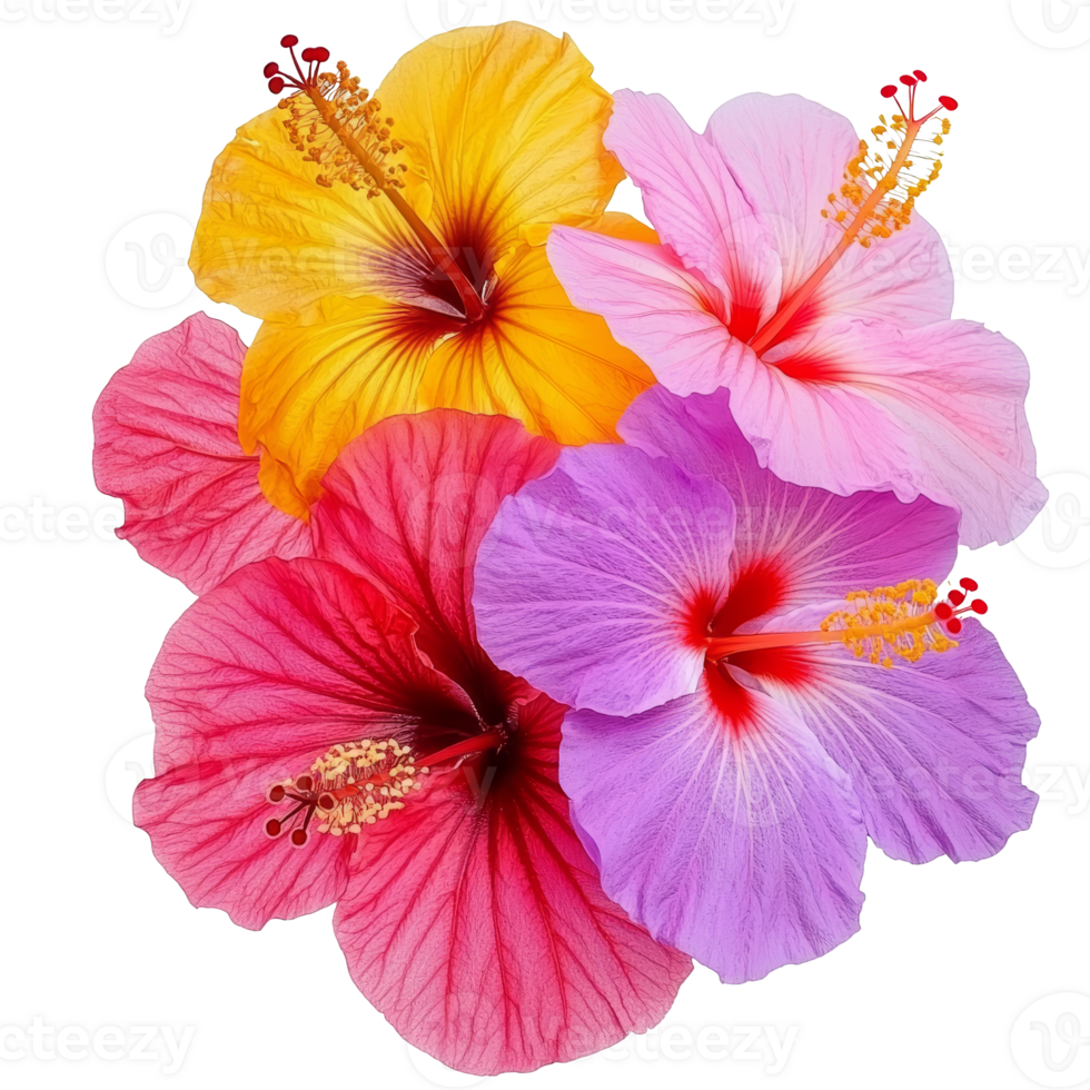 Colorful hibiscus flowers arranged together in vibrant display, transparent png