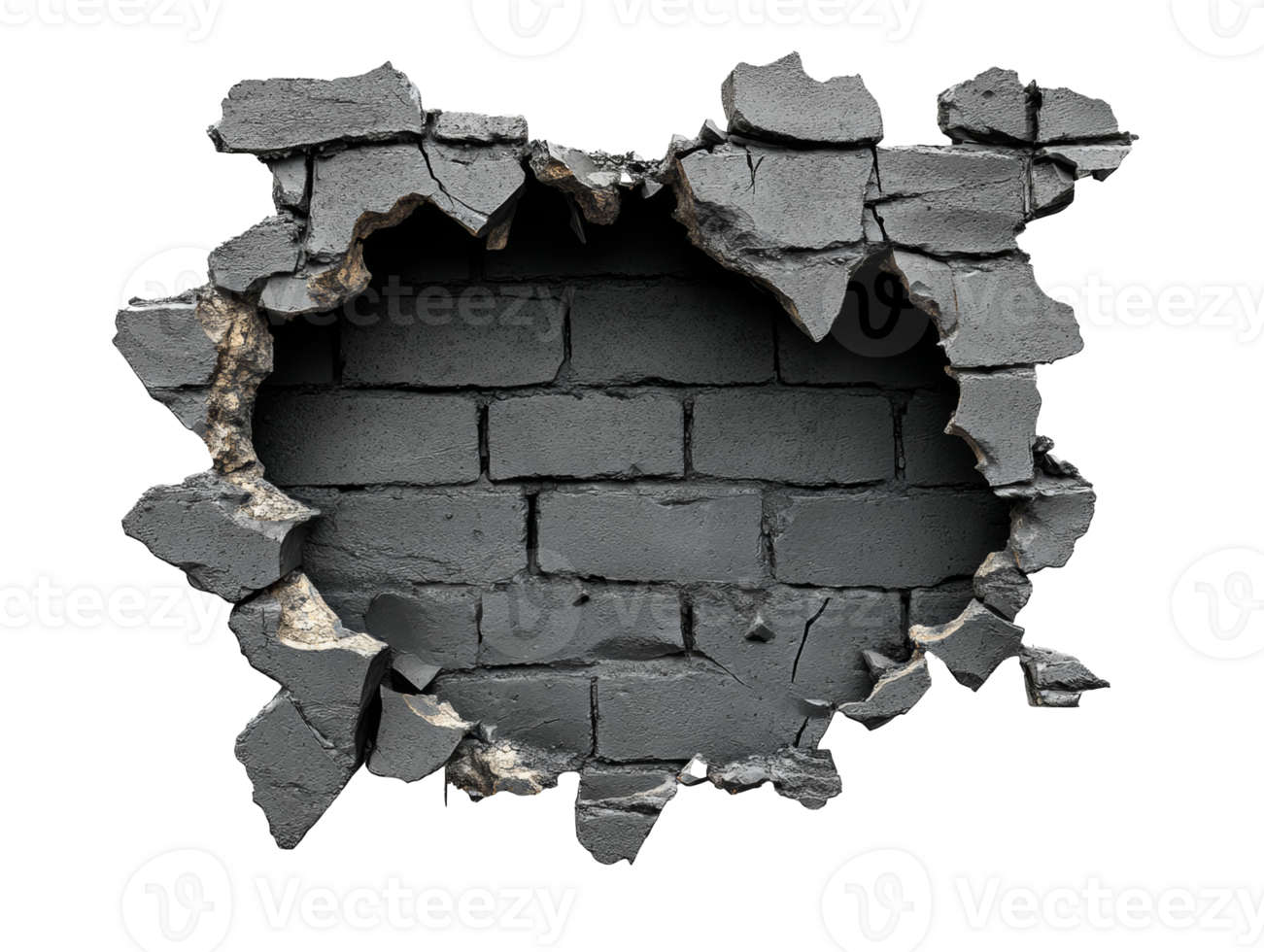 A damaged wall revealing dark bricks inside a broken section, transparent png