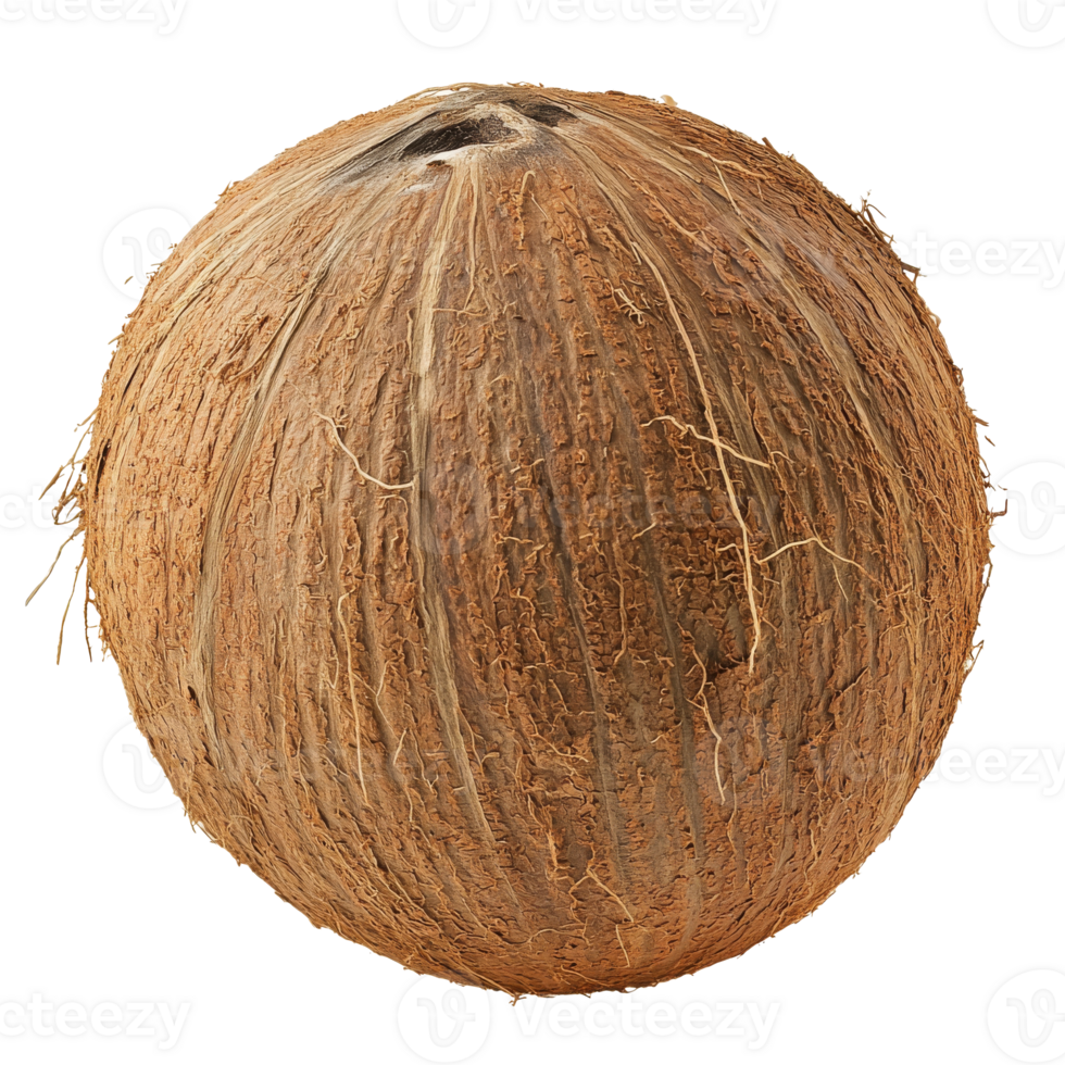 Coconut with rough outer shell isolated on white background, transparent png