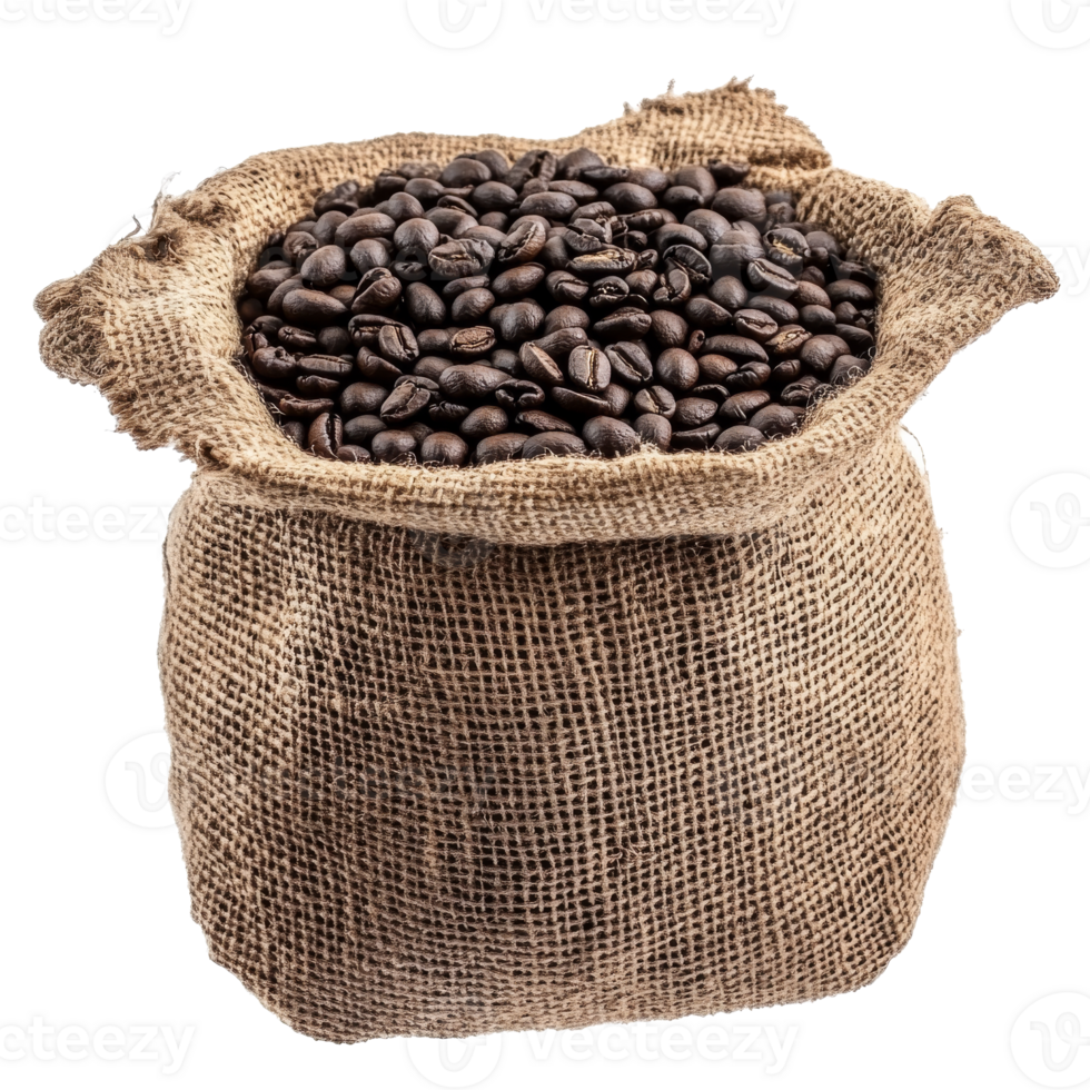 Freshly harvested coffee beans in a burlap sack ready for brewing, transparent png