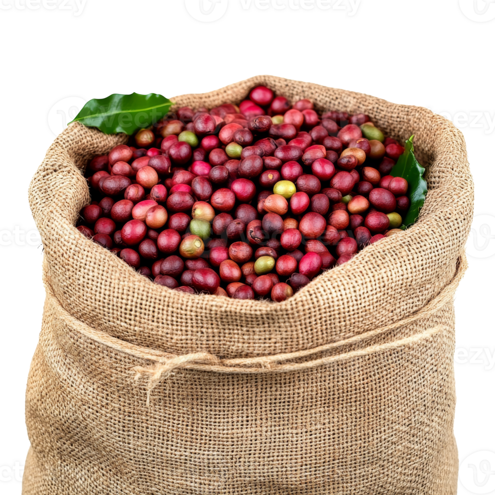 Freshly harvested coffee beans in burlap sack ready for processing, transparent png