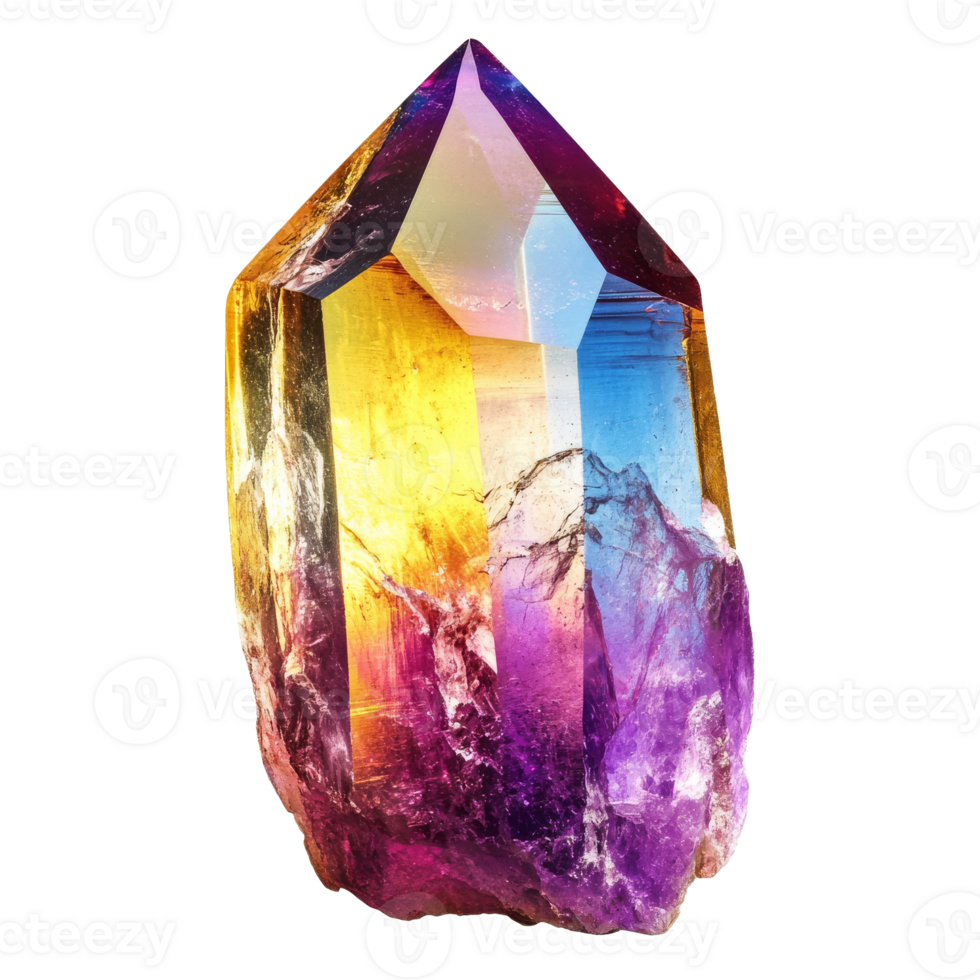 Colorful amethyst crystal displaying vibrant hues and sharp facets, transparent png