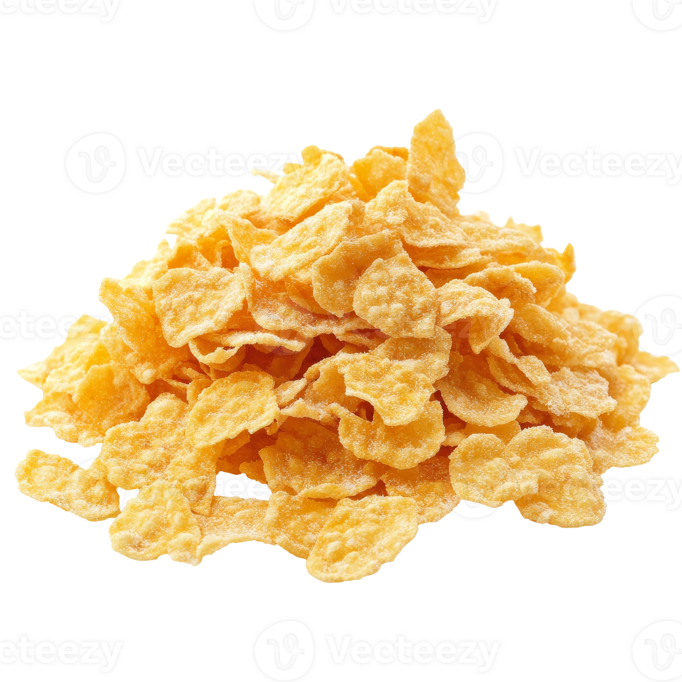Crunchy corn flakes piled high in a bright kitchen setting, transparent png