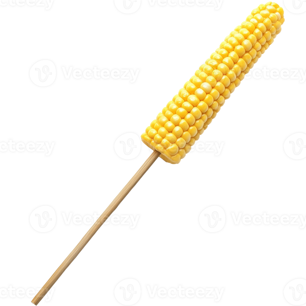 Freshly grilled corn on a wooden stick at a summer fair, transparent png