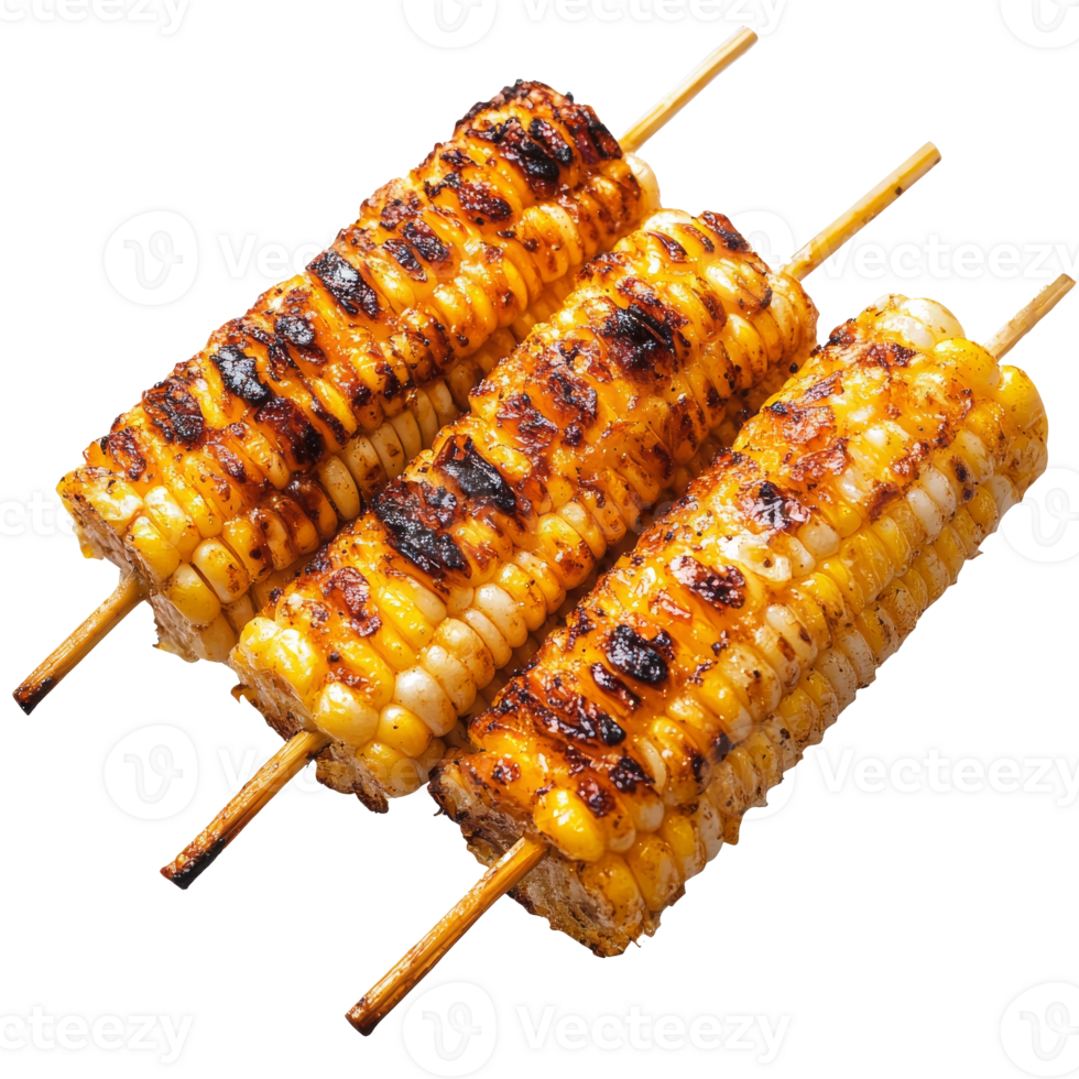 Grilled corn on skewers served with spices at sunset in a city, transparent png