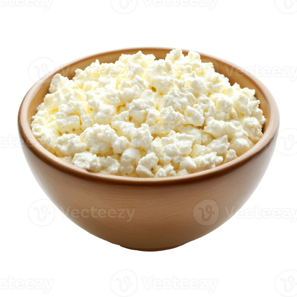 Creamy fresh cottage cheese served in a wooden bowl, transparent png